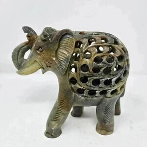 Hand Carved Soapstone Stone Elephant Baby Inside Green Figurine Natural Colors